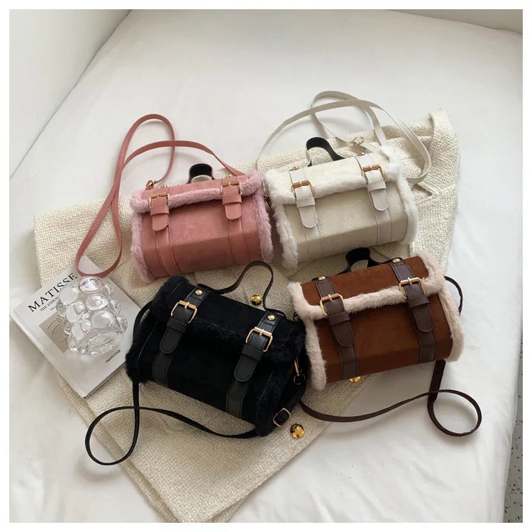 Women's Plush Messenger Bag Solid Shoulder Purse Square PU Leather