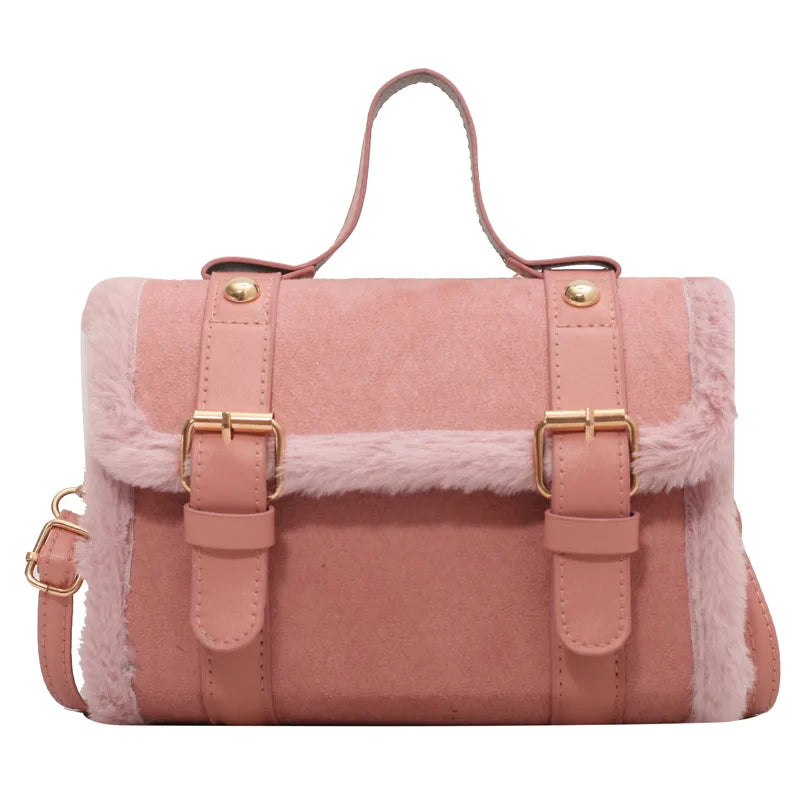 Women's Plush Messenger Bag Solid Shoulder Purse Square PU Leather