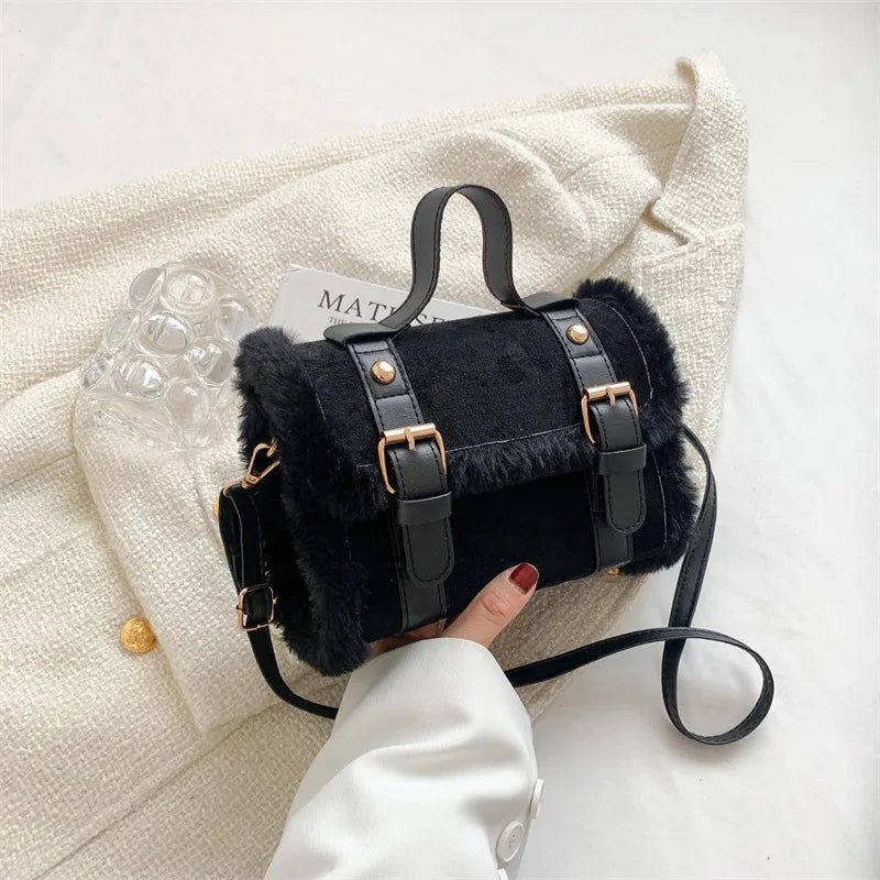 Women's Plush Messenger Bag Solid Shoulder Purse Square PU Leather