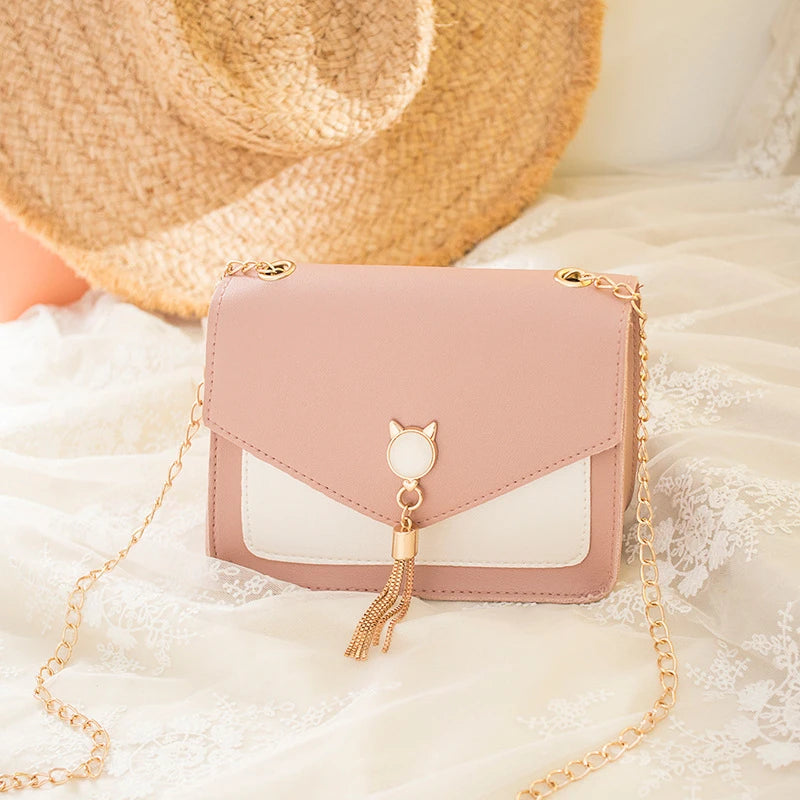 Tassel Chain Crossbody Bag Small Cat Patchwork
