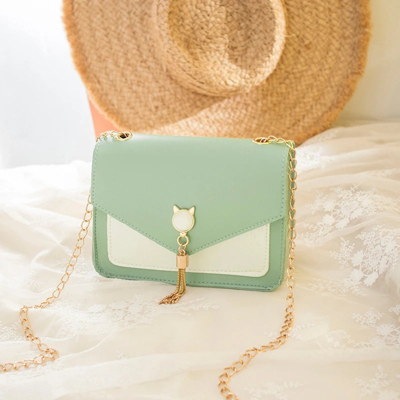 Tassel Chain Crossbody Bag Small Cat Patchwork