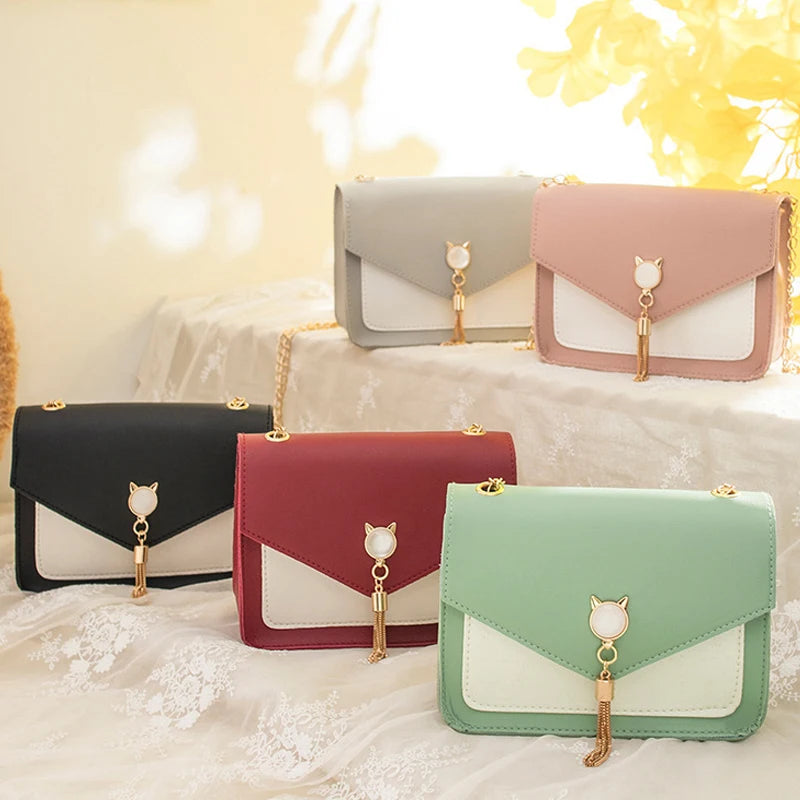 Tassel Chain Shoulder Bag Small Cat Patchwork Crossbody Bag