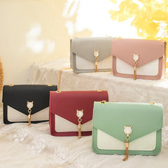 Tassel Chain Shoulder Bag Small Cat Patchwork Crossbody Bag