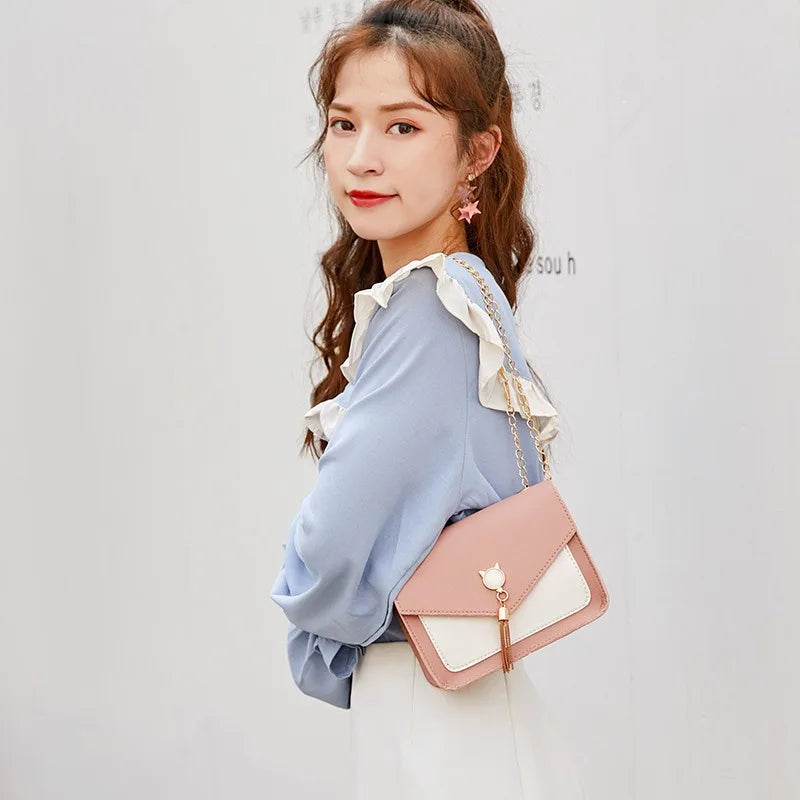 Tassel Chain Crossbody Bag Small Cat Patchwork
