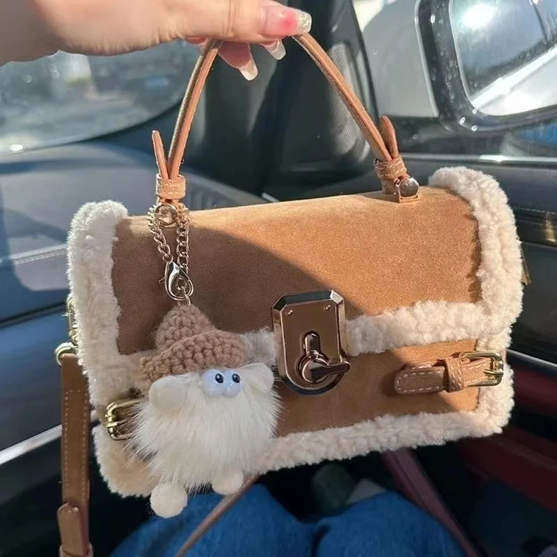 Women's Plush Shoulder Bag Square Messenger Purse PU Leather Handbag