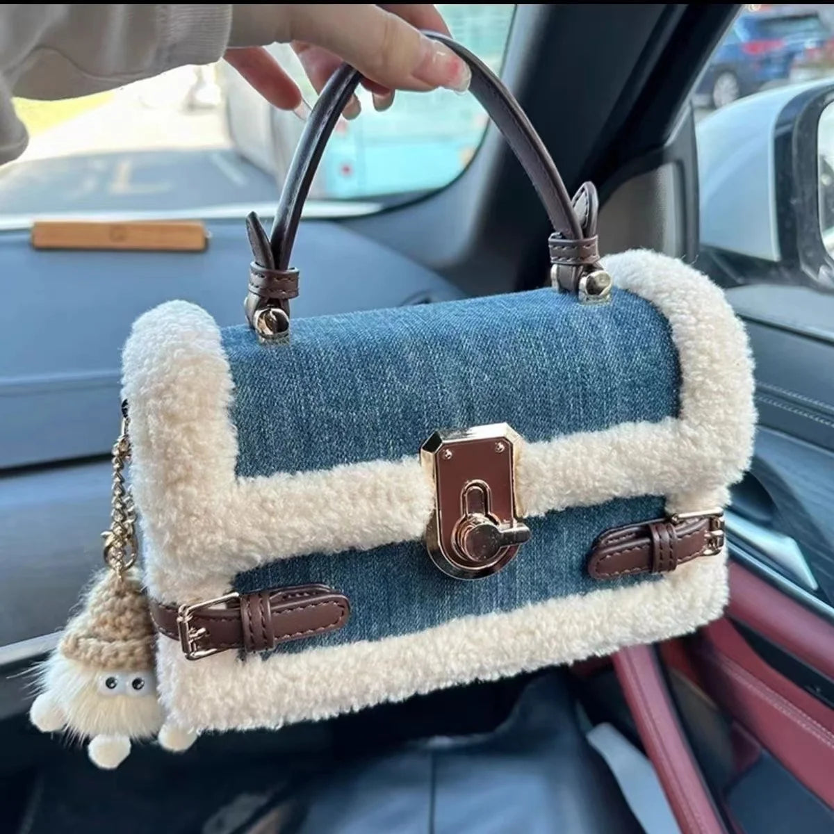 Women's Plush Shoulder Bag Square Messenger Purse PU Leather Handbag