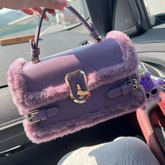 Women's Plush Shoulder Bag Square Messenger Purse PU Leather Handbag