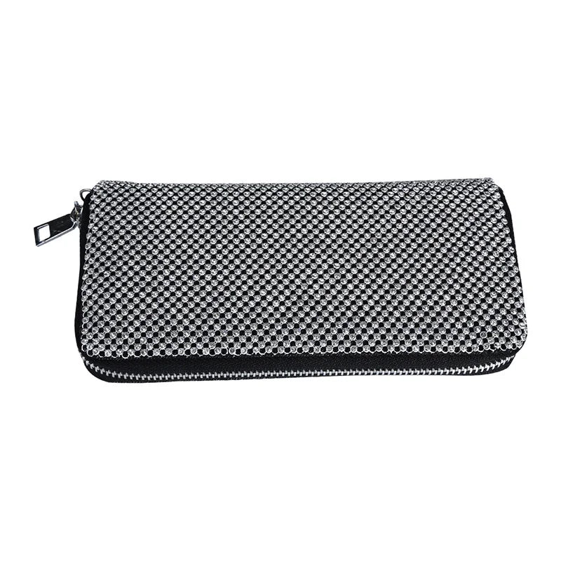 Rhinestone Wallet Handbag with Chain Strap Zipper Closure