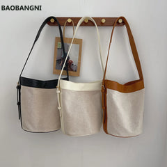 Canvas PU Leather Ladies Bucket Bag Shoulder Crossbody Bag