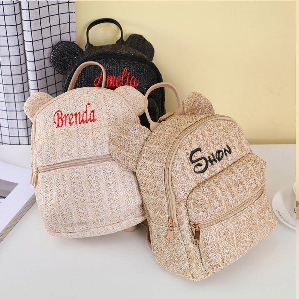 Woven Straw Backpack Personalized Name Fresh Casual Bag Embroidered Name