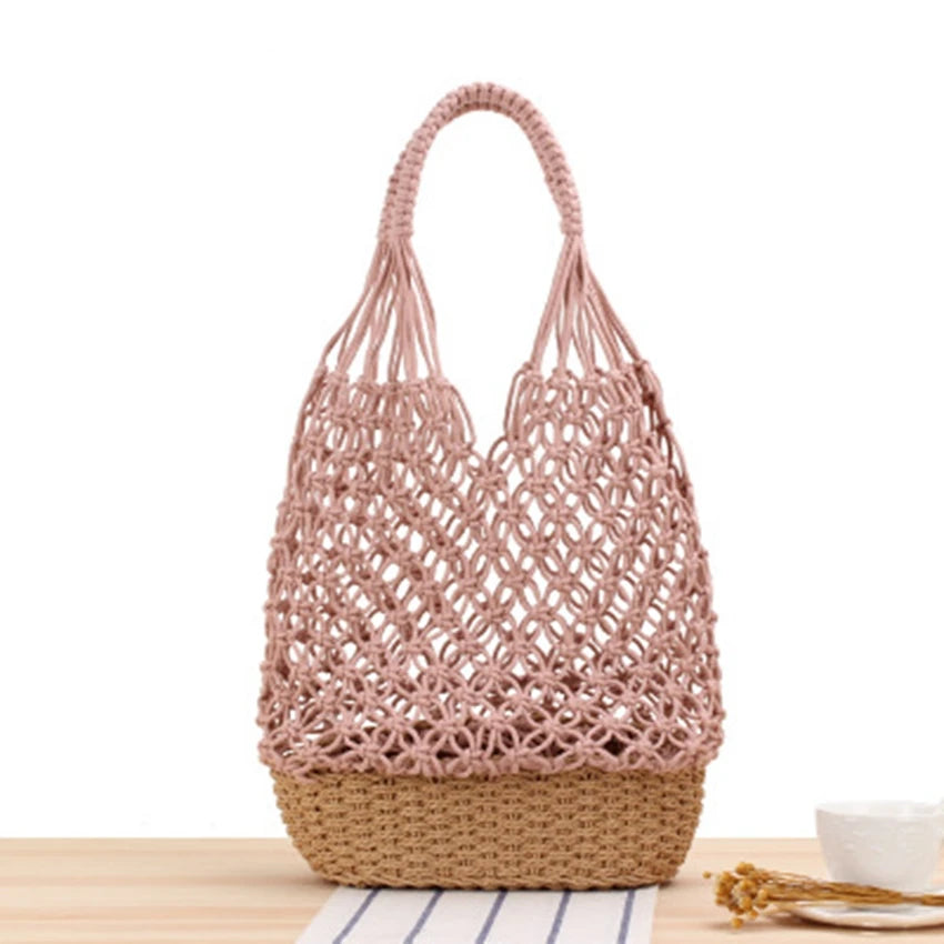 Hollow Shoulder Woven Bag Retro Mesh Straw Bag