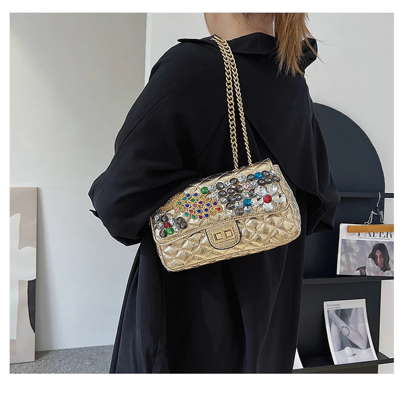 Solid Diamond Inlaid Leather Crossbody Bag with Peacock Chain