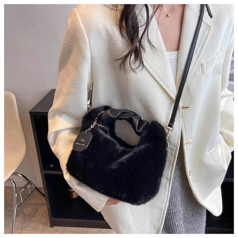 One Shoulder Plush Fabric French Stick Bag Girl