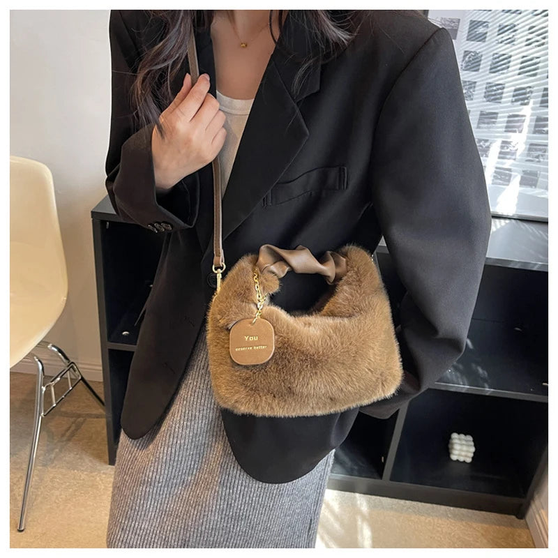 One Shoulder Plush Fabric French Stick Bag Girl