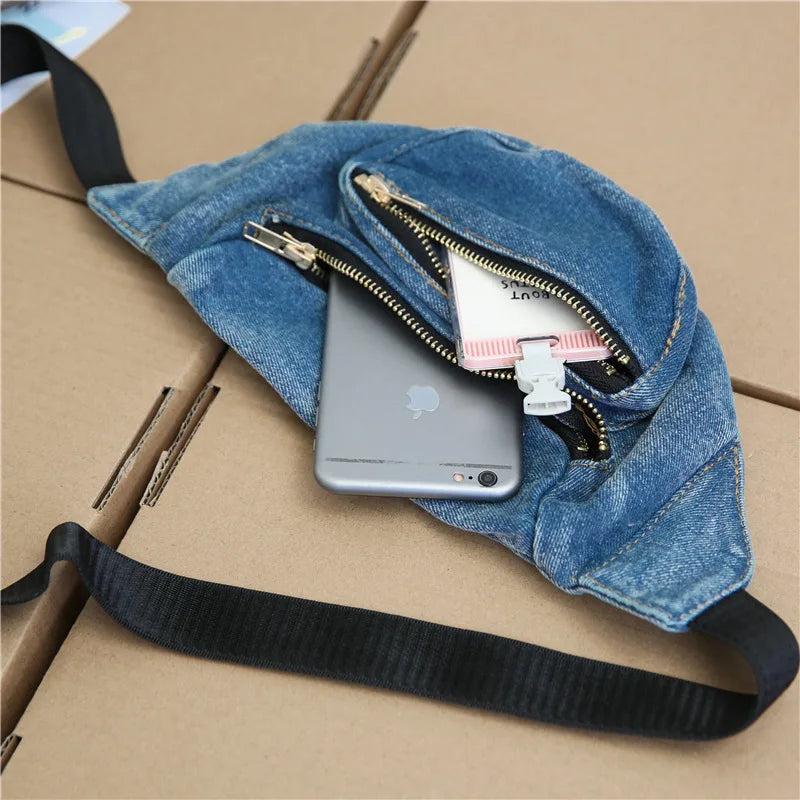 Ins Fire Belt Bag All Match Crossbody Bag Washed Denim Waist Bag