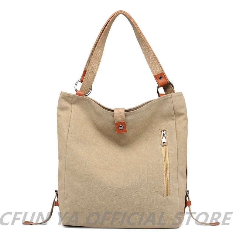 Khaki Canvas Travel Backpack Large Shoulder Handbag