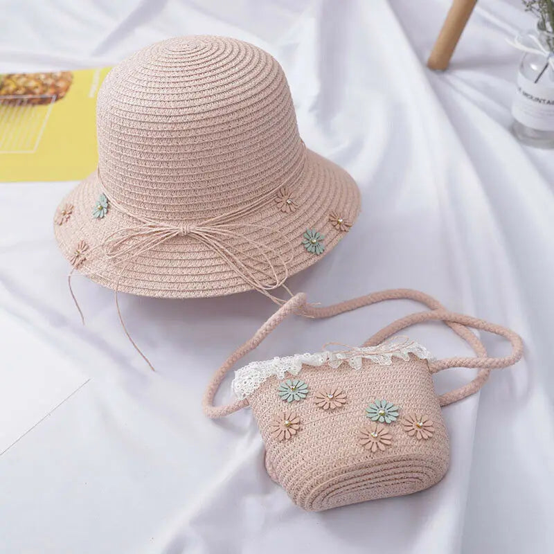 Kids Girl Bag Straw Beach Bucket Messenger Shoulder Bag Flower Princess B