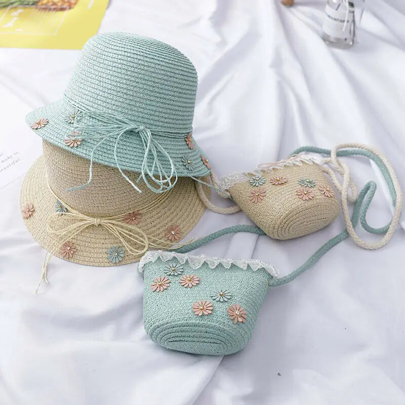 Kids Girl Bag Straw Beach Bucket Messenger Shoulder Bag Flower Princess B