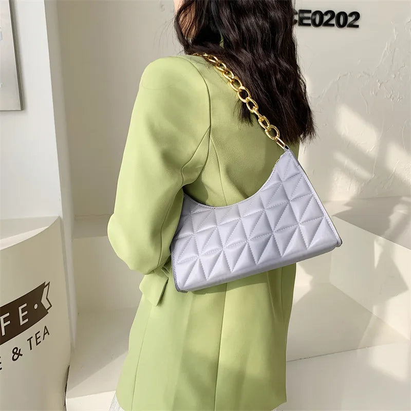 Korea Style Chain Shoulder Bag Plaid Pu Leather Handbags For Women
