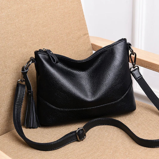 Vintage Tassel Crossbody Handbag Soft Leather Bucket Tote
