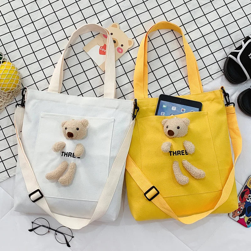 Bear Canvas Bag Large Capacity Women's Shoulder Bag Leisure Students' Make up Sc