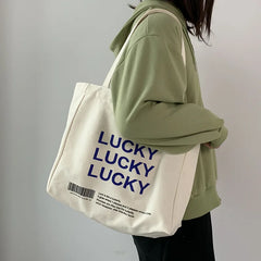 Canvas Shopping Bag Retro Ins Letter Shoulder Tote Portable Large-capacity