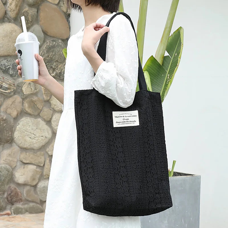 Literary Canvas Women's Bag Letter Printing Handbag Lace Shoulder Bag
