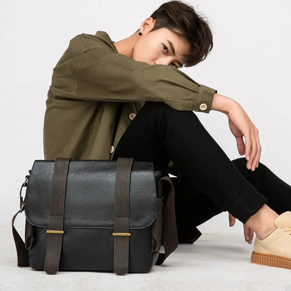PU Leather Men's Messenger Bag Shoulder Bag Horizontal School Bag
