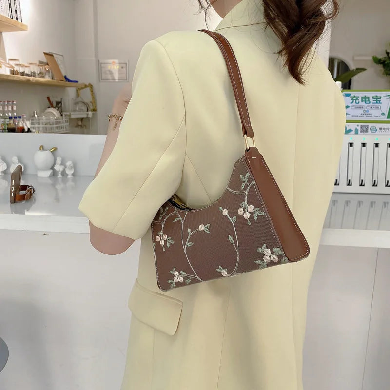 Floral Stitching Shoulder Bag Soft PU Leather Underarm Bags