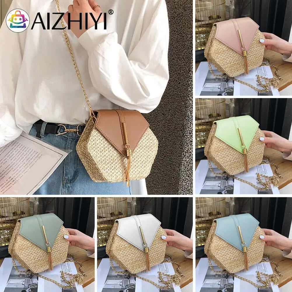 Ladies Straw+PU Shoulder Handbag Women Top-handle Summer Beach Boho Bag