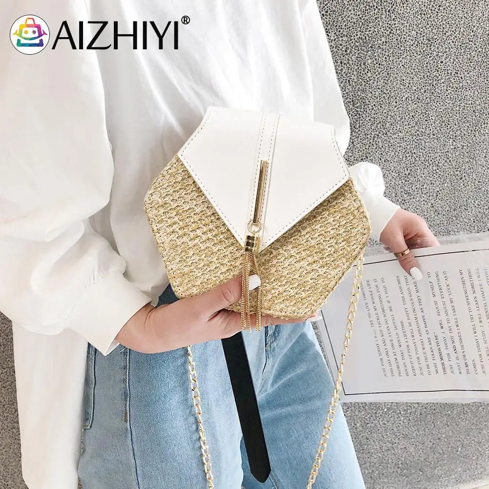 Ladies Straw+PU Shoulder Handbag Women Top-handle Summer Beach Boho Bag