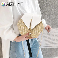 Ladies Straw+PU Shoulder Handbag Women Top-handle Summer Beach Boho Bag