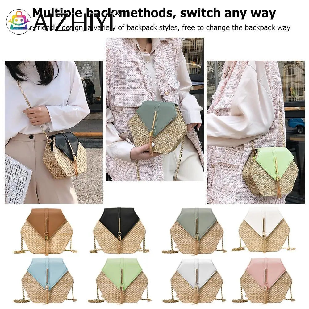 Ladies Straw+PU Shoulder Handbag Women Top-handle Summer Beach Boho Bag