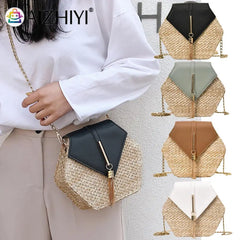 Ladies Straw+PU Shoulder Handbag Women Top-handle Summer Beach Boho Bag