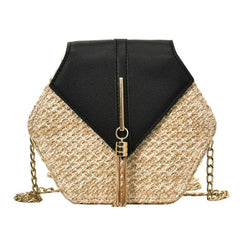 Ladies Straw+PU Shoulder Handbag Women Top-handle Summer Beach Boho Bag