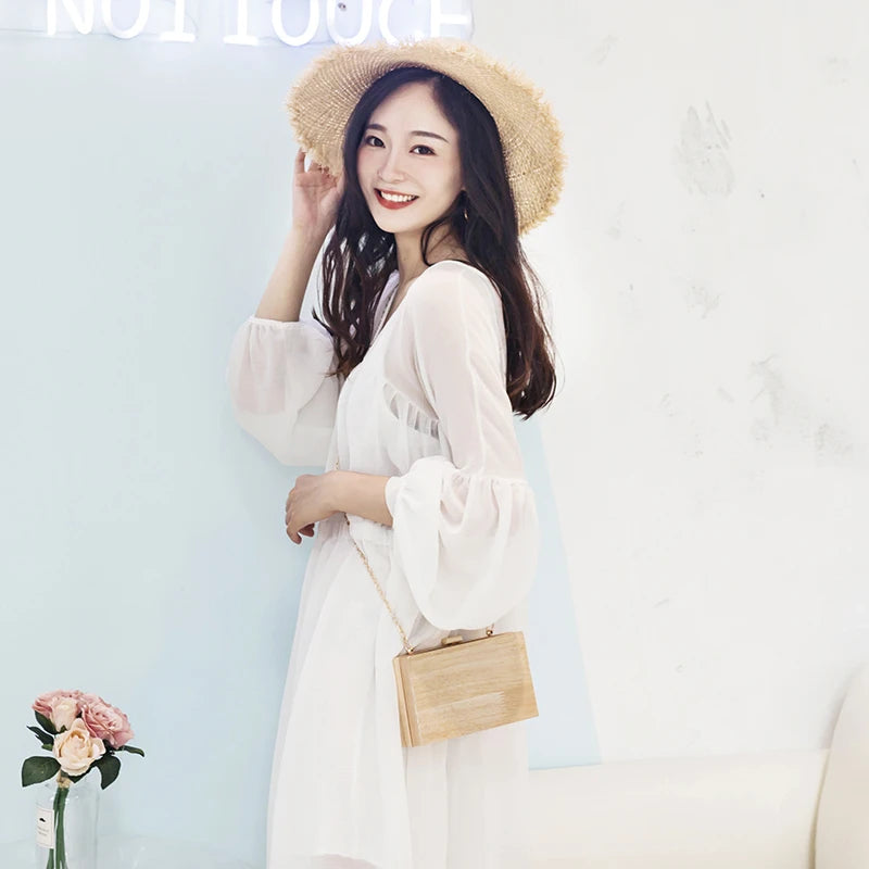 Wood Shoulder Messenger Bag Evening Clutch Metal Hasp Handbag