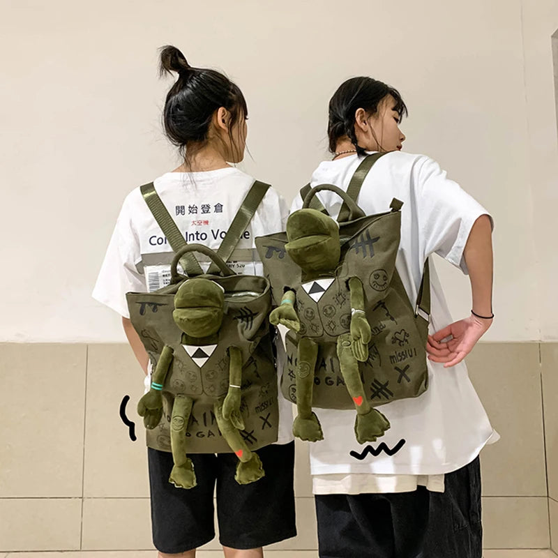 Large Capacity 3D Frog Backpack College Graffiti School Bag