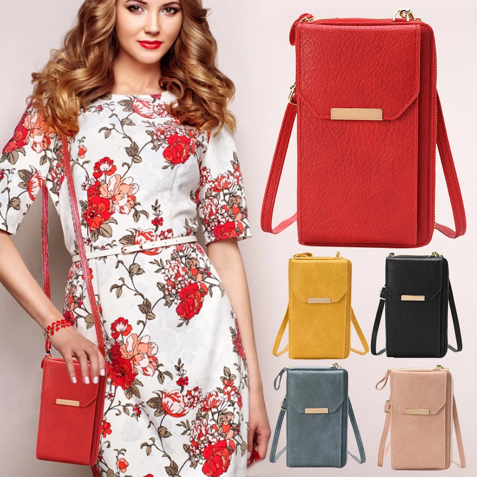Large Capacity PU Mobile Phone Bag Ladies Handbag Single Zipper Vertical Crossbo