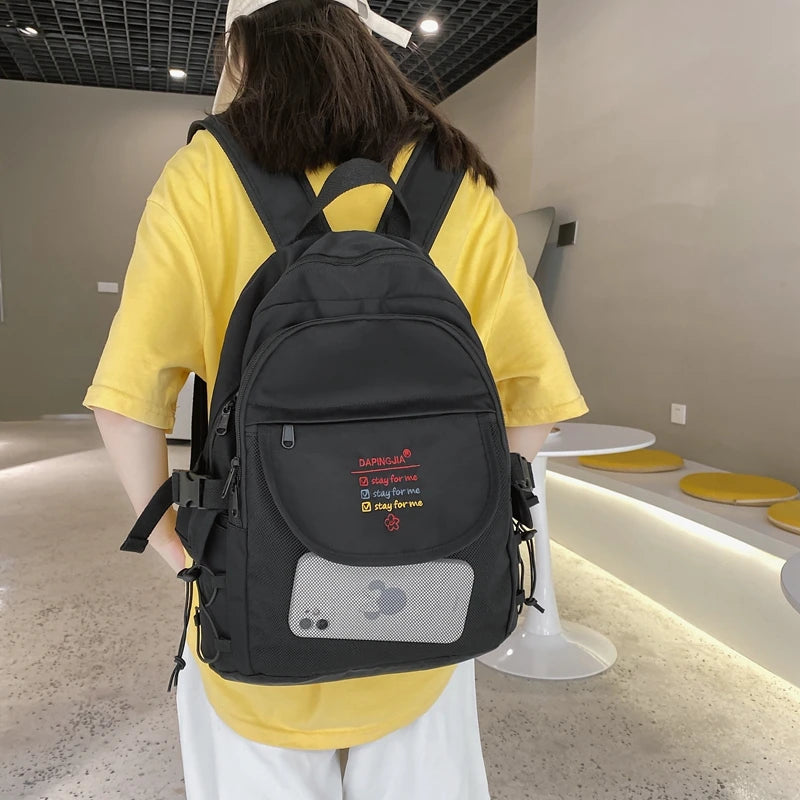 Letters Embroidery Nylon Backpack Mesh Pocket Girls School