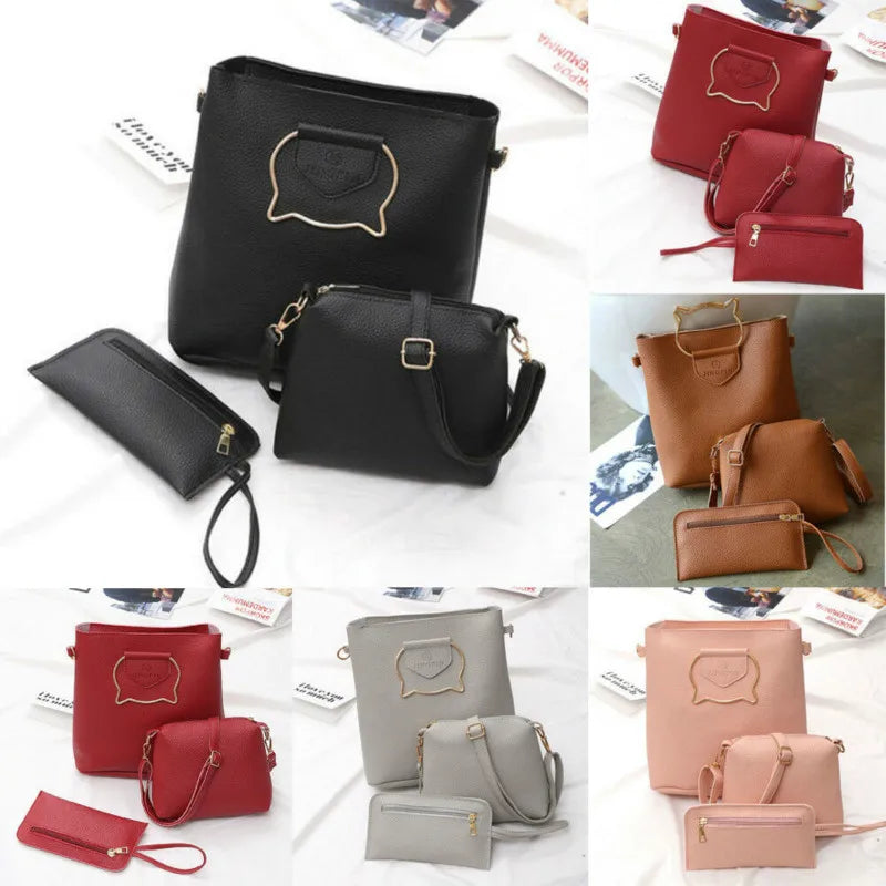 3PCS Women Leather Satchel Shoulder Crossbody Bag Wallet Evening Bag Set