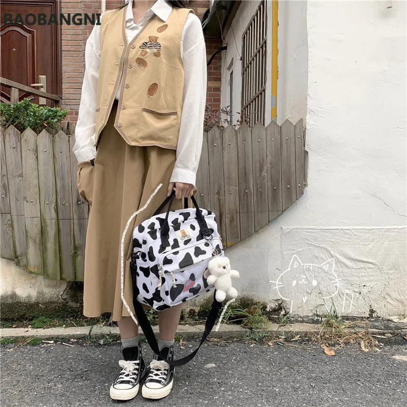 Cow Spotted Women Backpack Suede Travel Bag Schoolbag