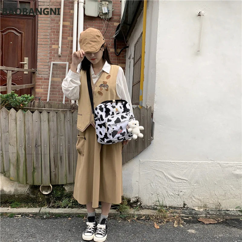Cow Spotted Women Backpack Suede Travel Bag Schoolbag