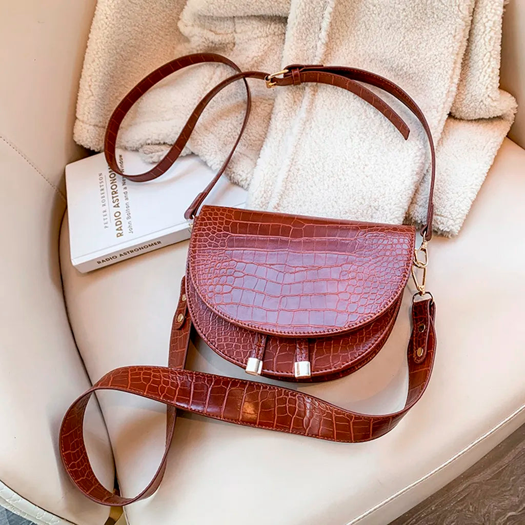 Crocodile Crossbody Bag Half Round PU Leather Handbag Shoulder Bolsa
