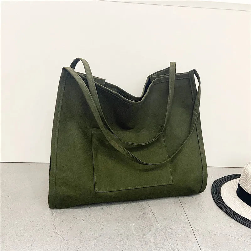 Canvas Shoulder Bag Large Tote Bag Solid Color Minimalist Style Ladies Handbag