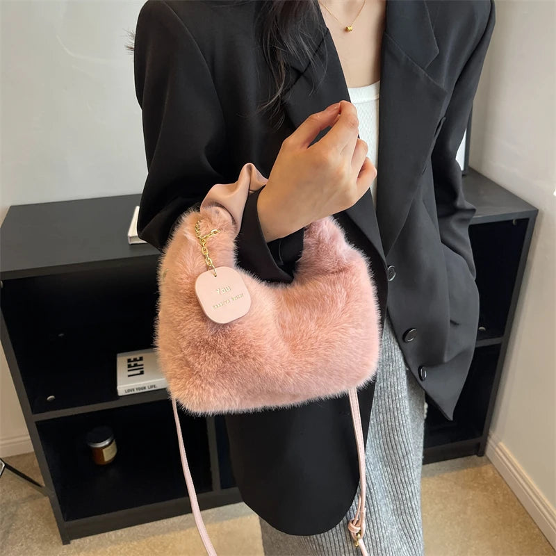 Furry Plush Women's Plicated Top Handle Crossbody Handbag