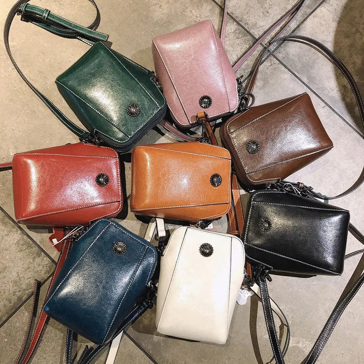 Leather Women's Mobile Phone Bag Single Shoulder Purse Oil Wax Cowhide