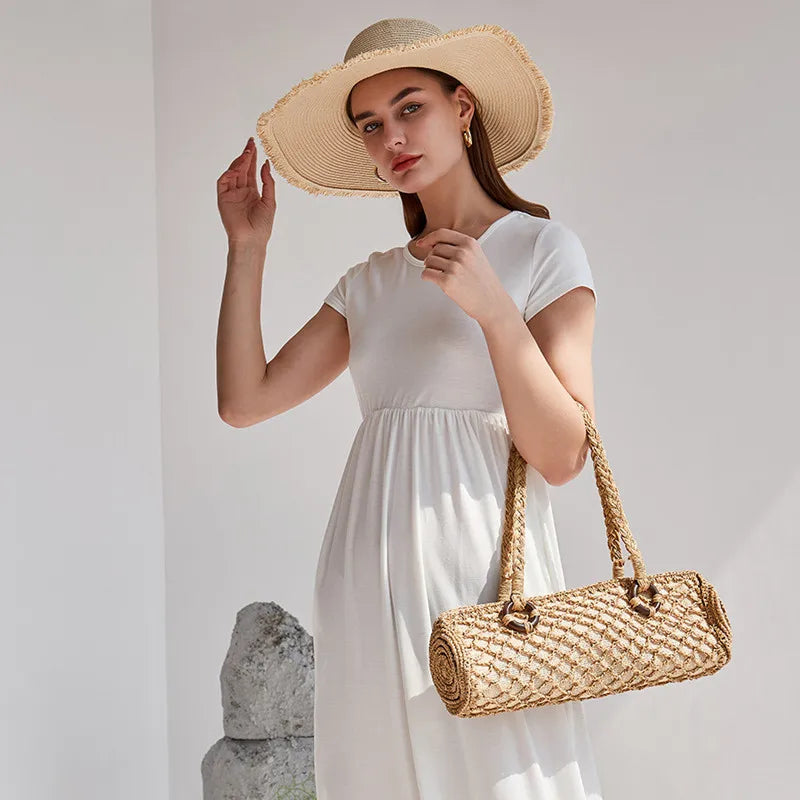 Vintage French Stick Shoulder Bag Small Straw Woven Pillow Bag