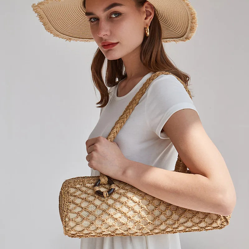 Vintage French Stick Shoulder Bag Small Straw Woven Pillow Bag