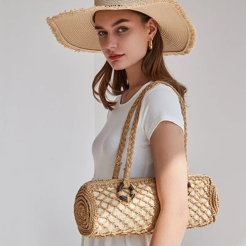Vintage French Stick Shoulder Bag Small Straw Woven Pillow Bag