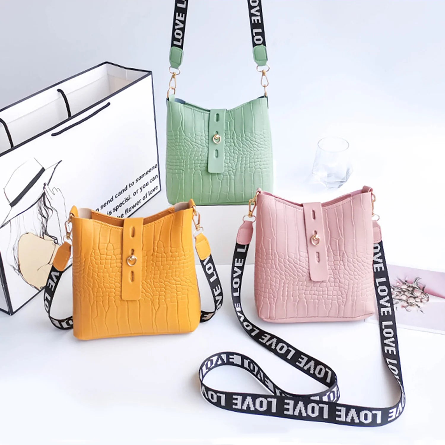 Women's Bucket Bags PU Leather Crossbody Shoulder Bag Crocodile Messenger Bags